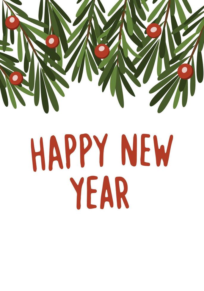 A white background with a green tree with red berries and a red and white Happy New Year sign vector