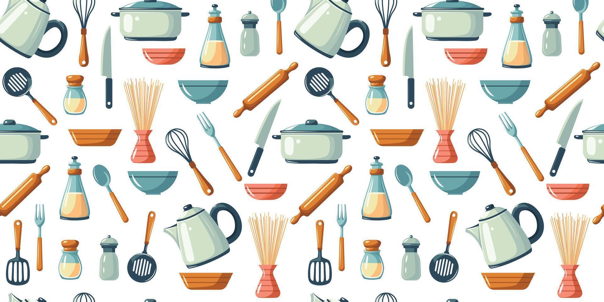 Seamless pattern of kitchen utensils and devices. vector