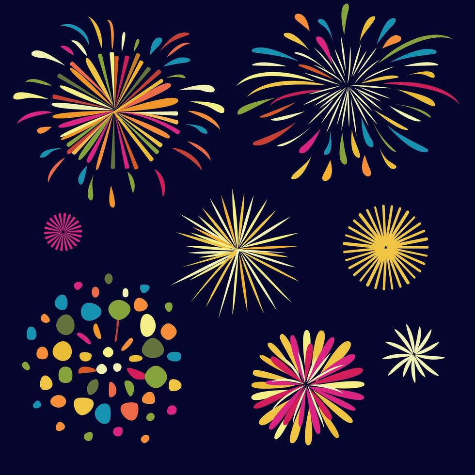 A collection of colorful fireworks on a dark background vector