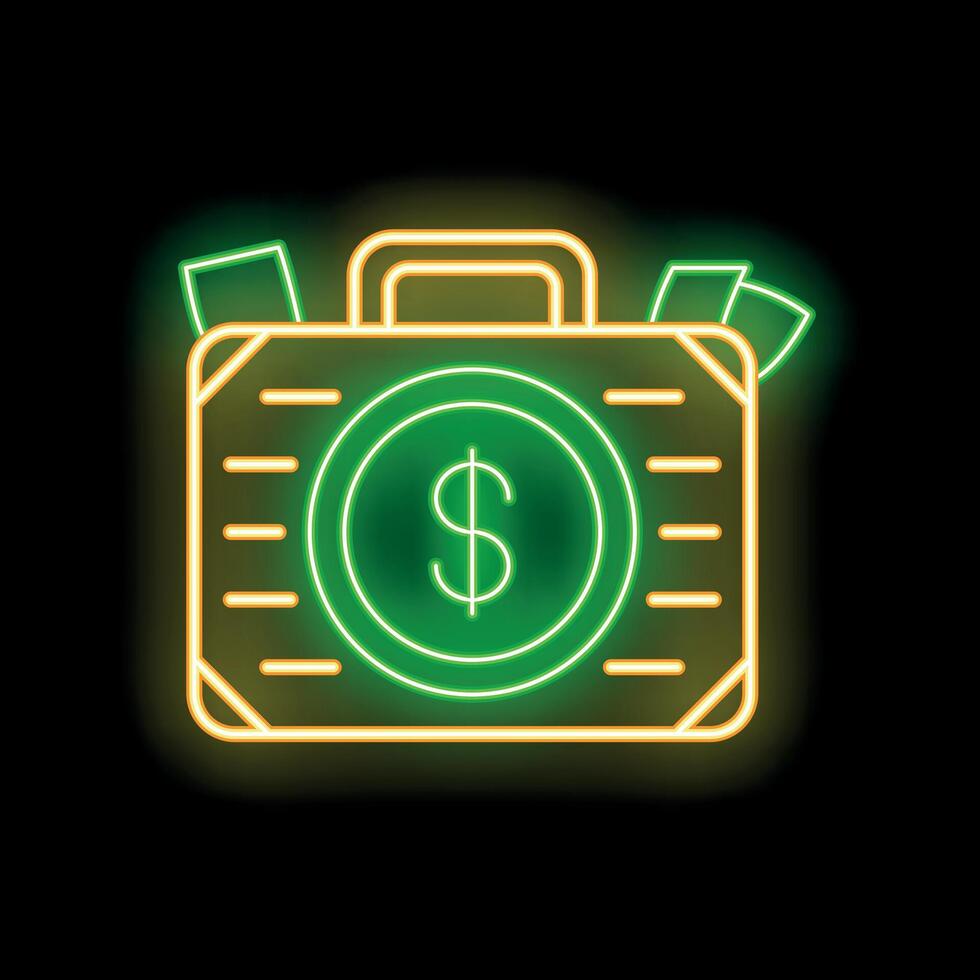 Glowing neon line briefcase and money icon isolated on black background. Business case, bag, and money. Vector illustration