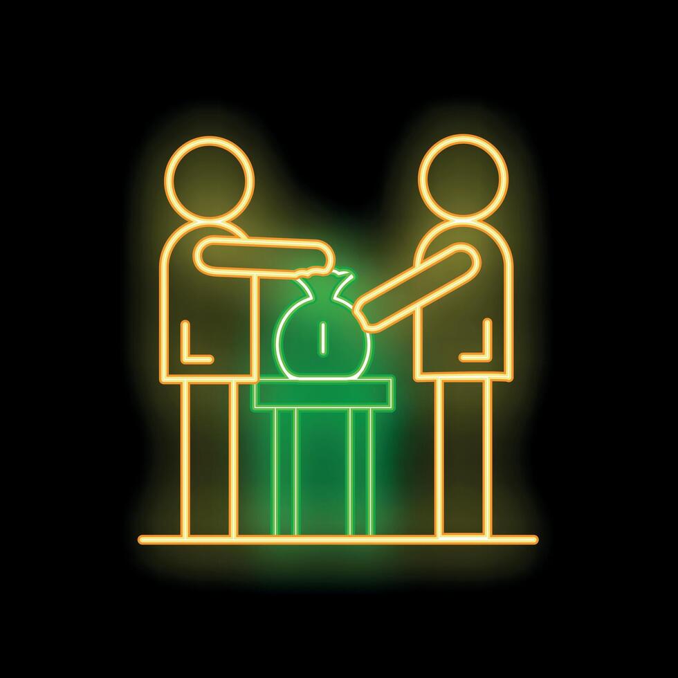 Two businessmen negotiating a financial agreement putting money in a bag on a table neon sign vector