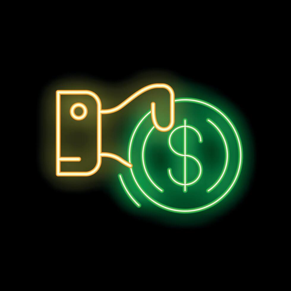 Neon sign of a hand picking up a dollar coin vector