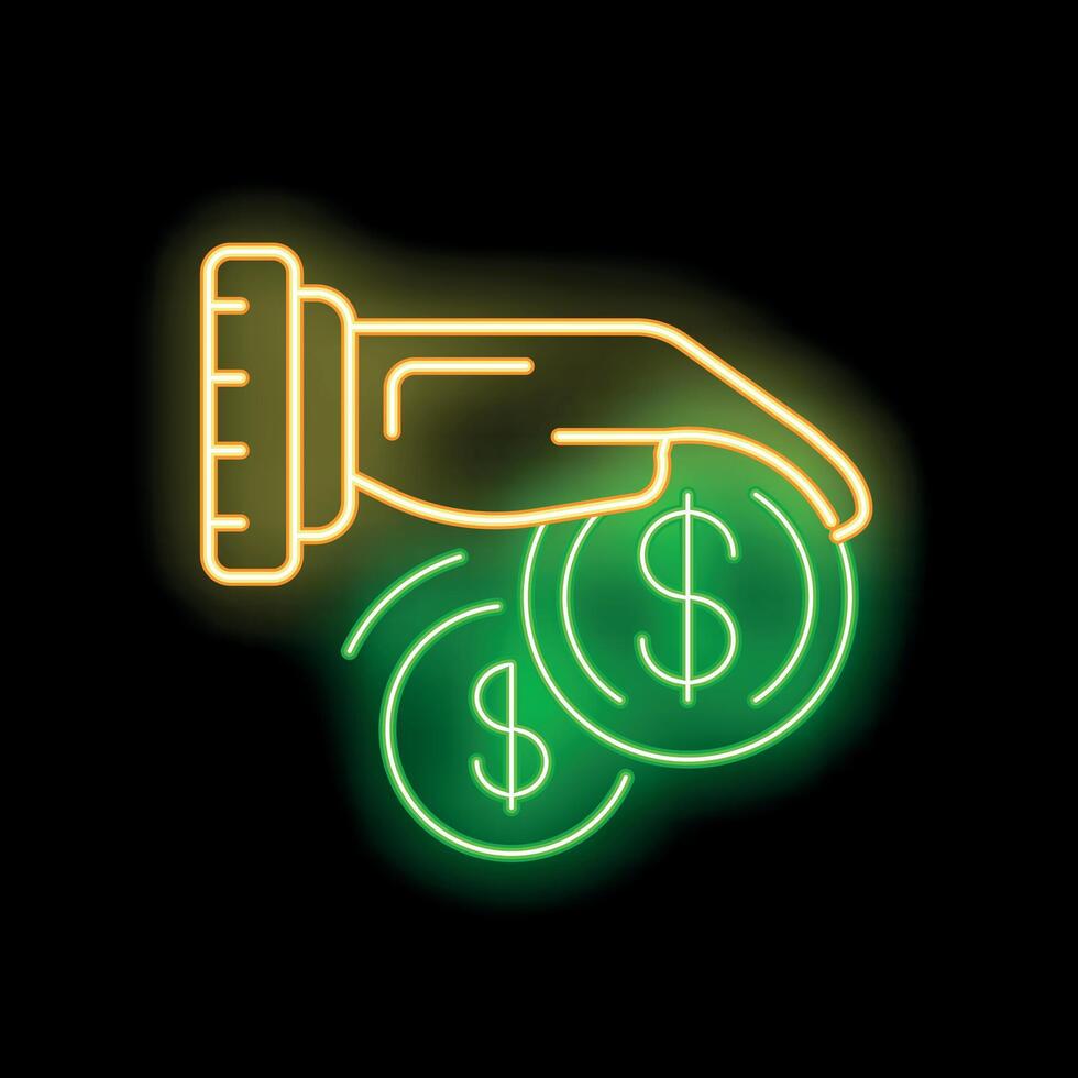 Neon sign of hand picking up dollar coins representing business success vector