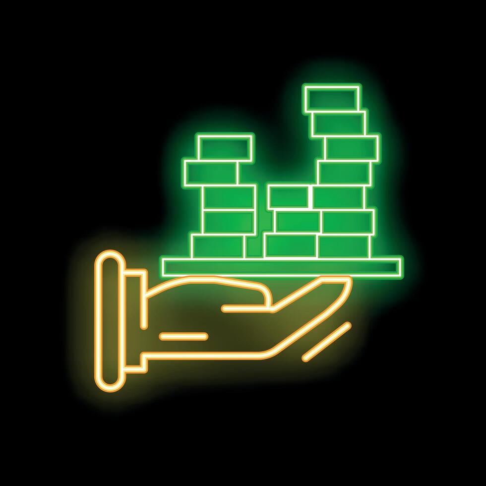 Businessman holding increasing stacks of money neon sign on black background vector