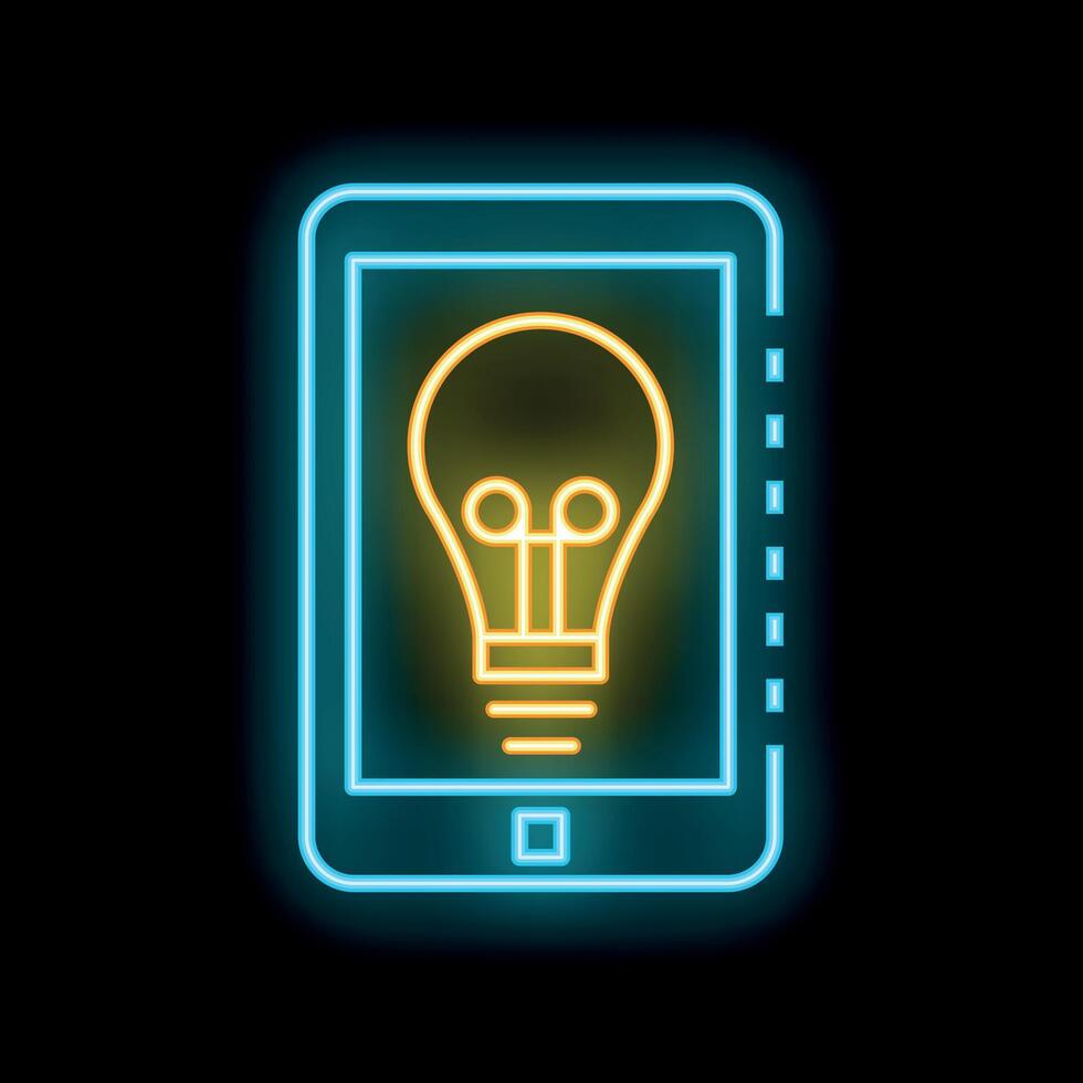 Neon smartphone displaying light bulb icon symbolizing mobile innovation vector
