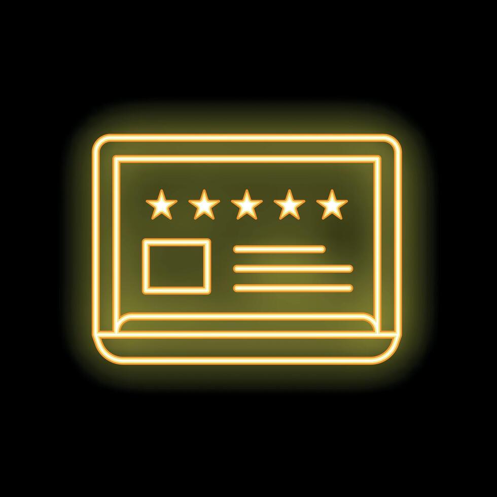 Yellow neon icon representing a five star rating on a laptop computer vector