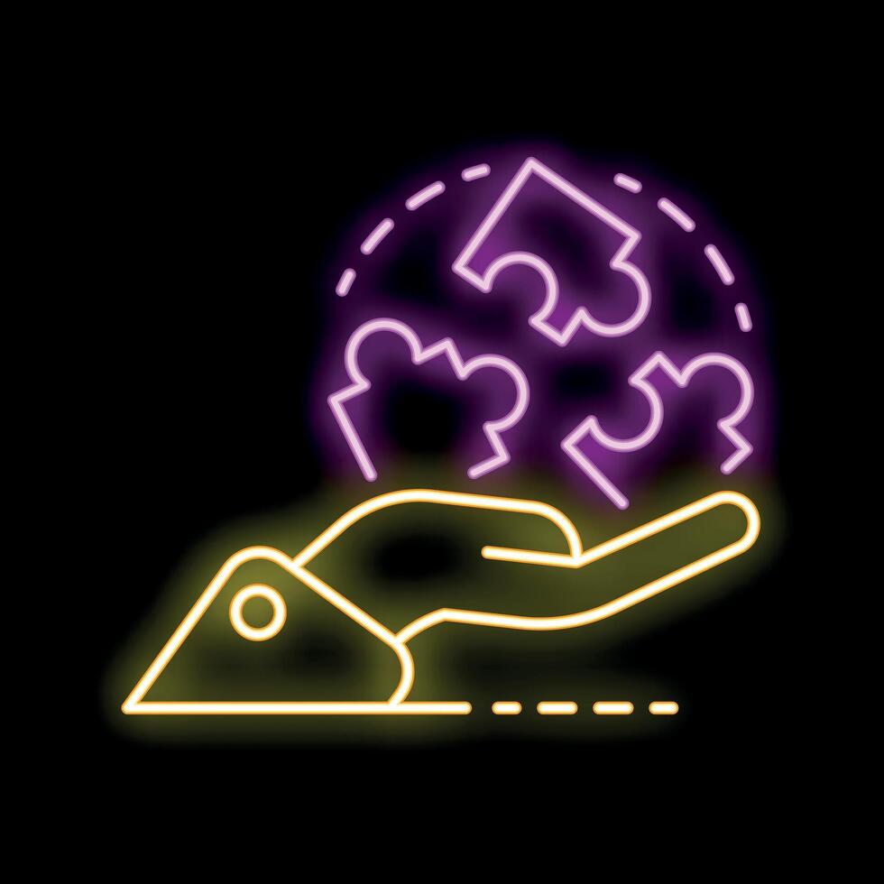 Hand holding puzzle pieces neon sign concept for problem solving vector