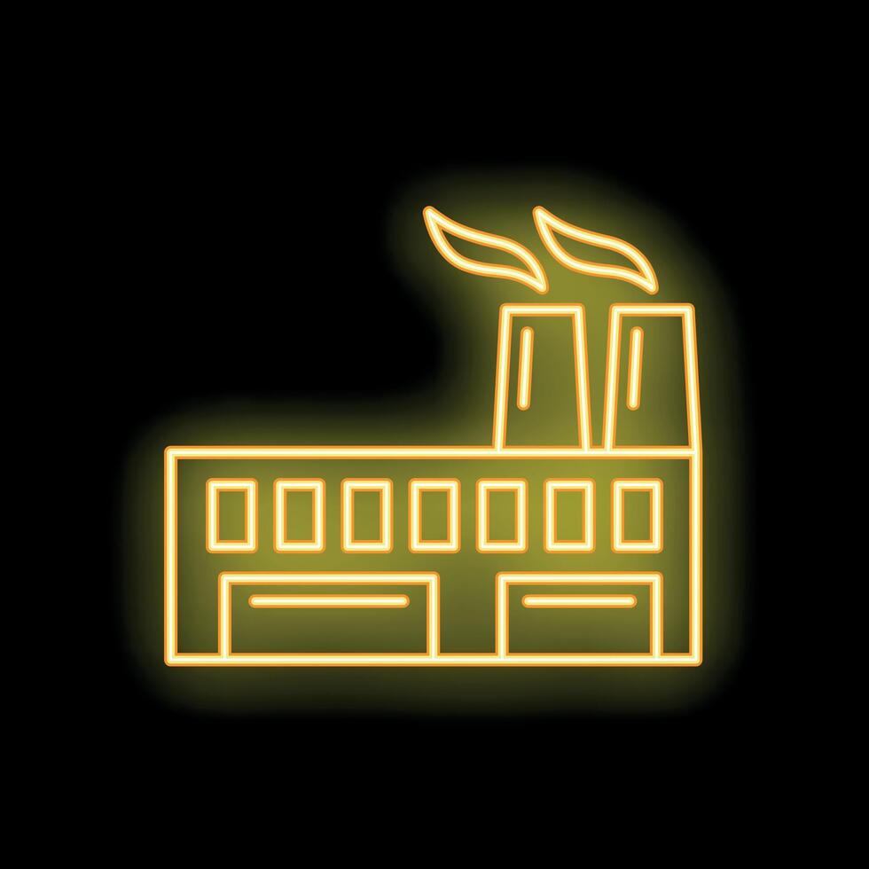 Glowing neon sign of factory building at night with smoke from chimneys vector