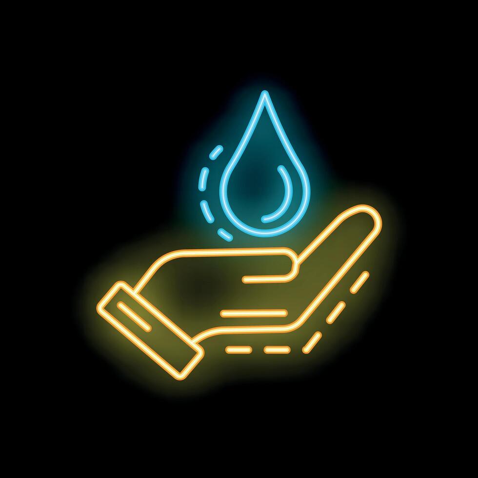 Neon icon of hand holding water drop symbolizing environmental conservation vector