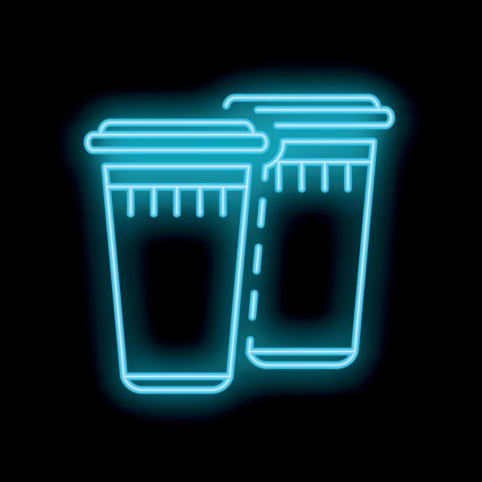 Neon sign of two plastic cups with straws for cold drinks on black background vector