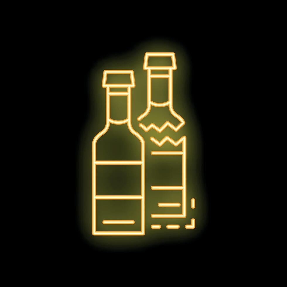 Neon sign showing one full and one broken bottle glowing yellow on black background vector