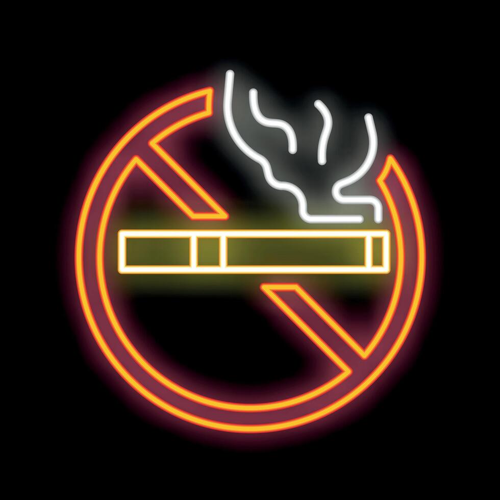 Glowing neon sign showing cigarette with smoke surrounded by red forbidden symbol on black background vector