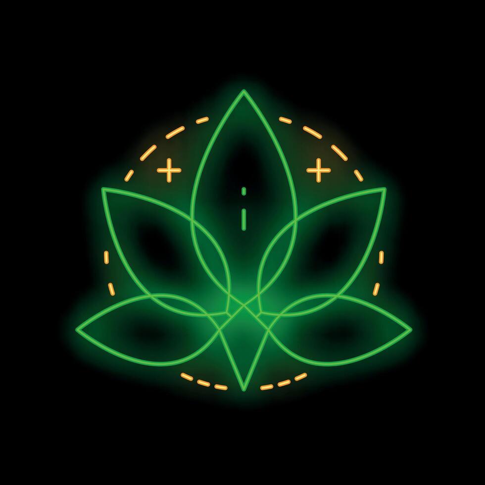 Green neon lotus flower glowing on black background vector