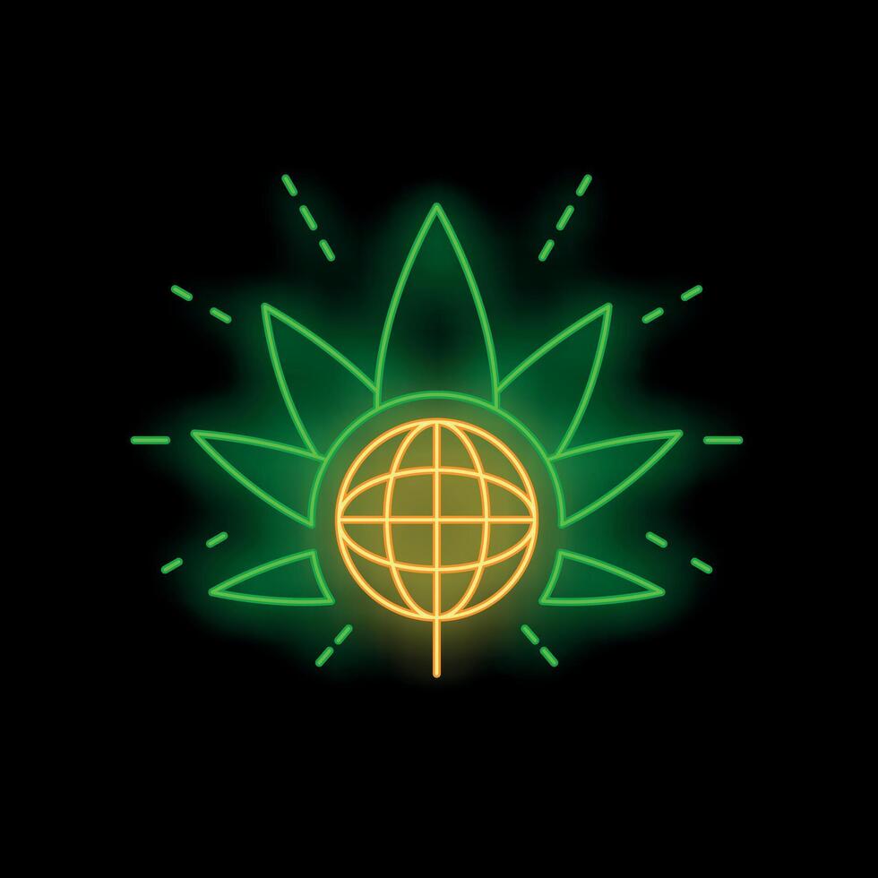 Neon sign depicting cannabis leaf surrounding earth globe vector