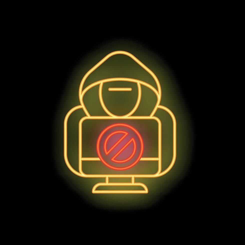 Hacker with forbidden symbol on computer screen neon sign vector