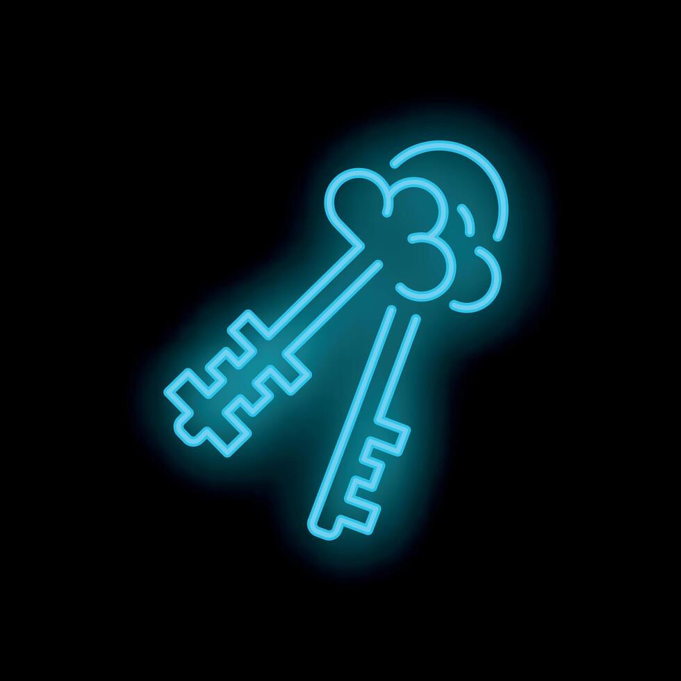 Two keys glowing with blue neon light on black background vector