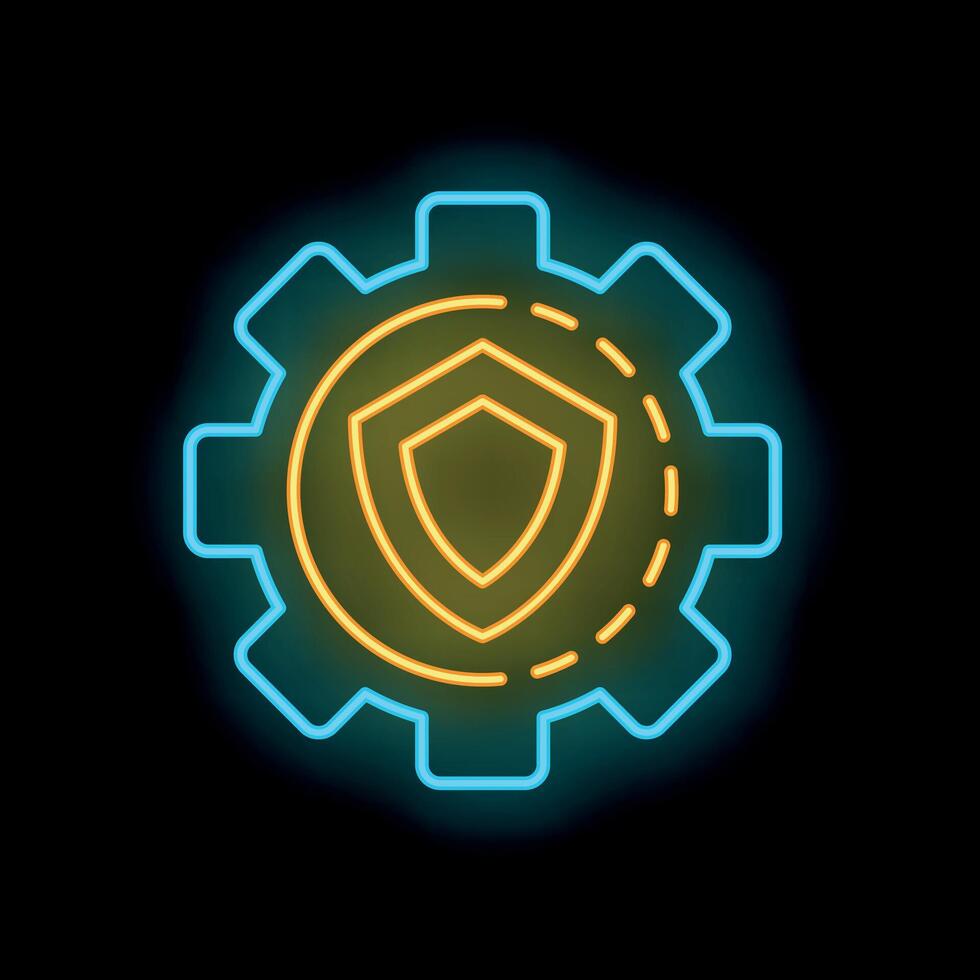 Neon icon of shield covering gear for cybersecurity concept vector