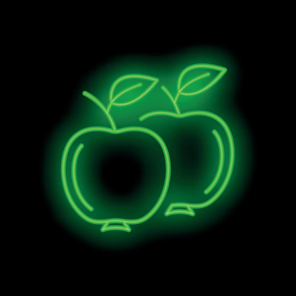 Green neon sign showing two apples with leaves on black background vector