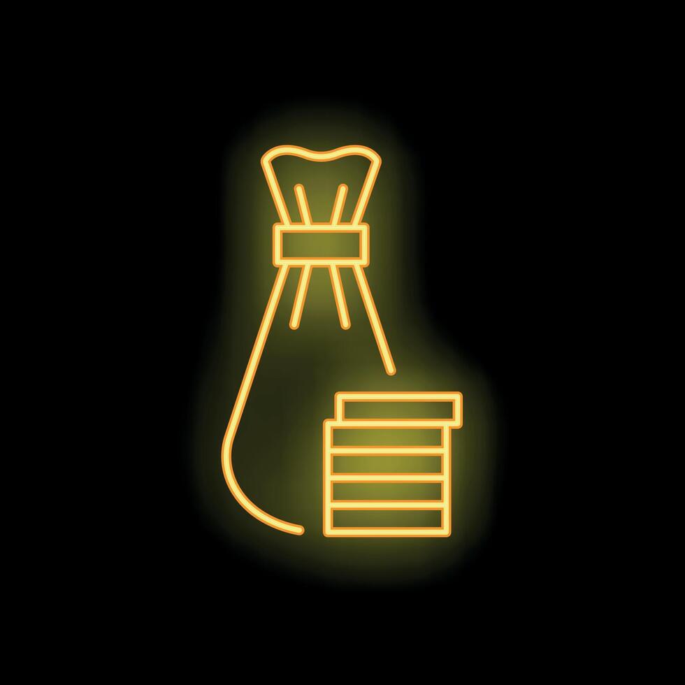 Neon sign depicting a money bag and coins on black background vector