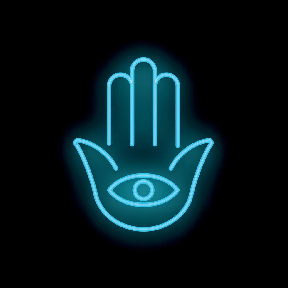 Glowing neon hamsa hand sign with eye protecting from evil on black background vector