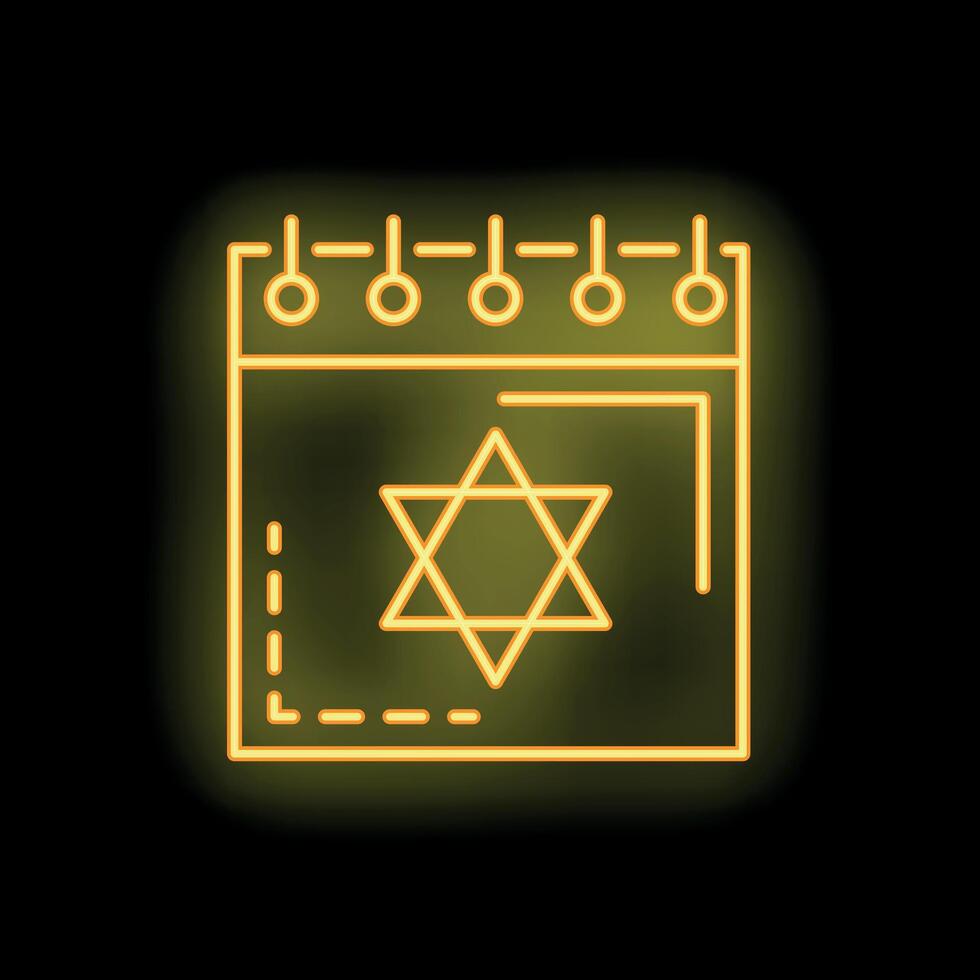 Yellow neon jewish calendar with star of david icon on black background vector