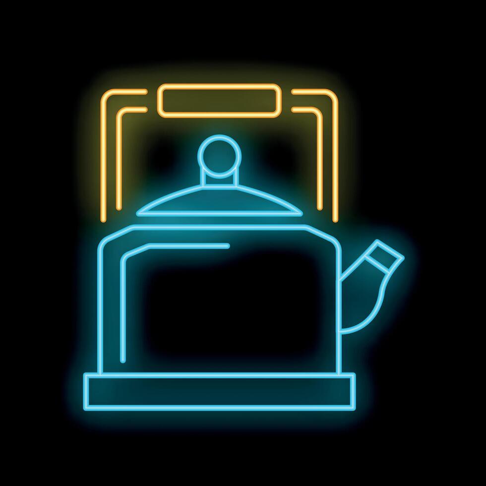 Glowing neon sign of a kettle boiling water on black background vector