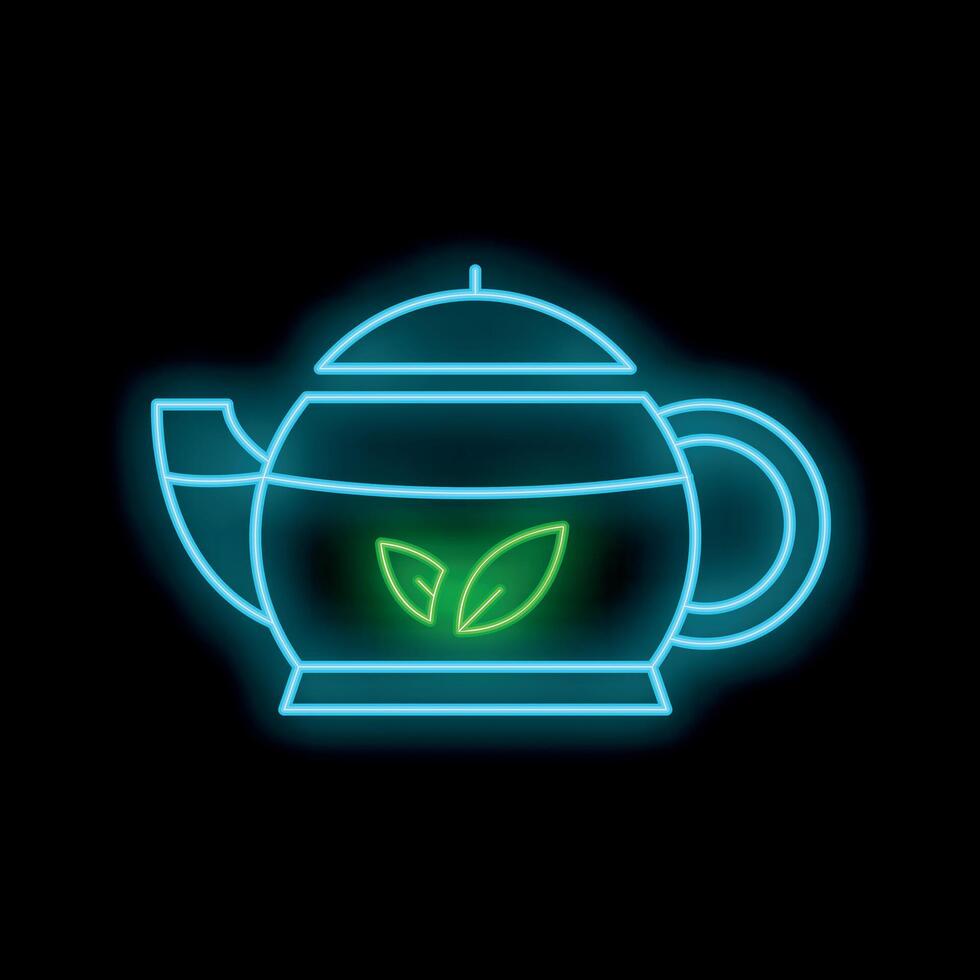 Blue glowing neon line teapot with leaf icon isolated on black background vector