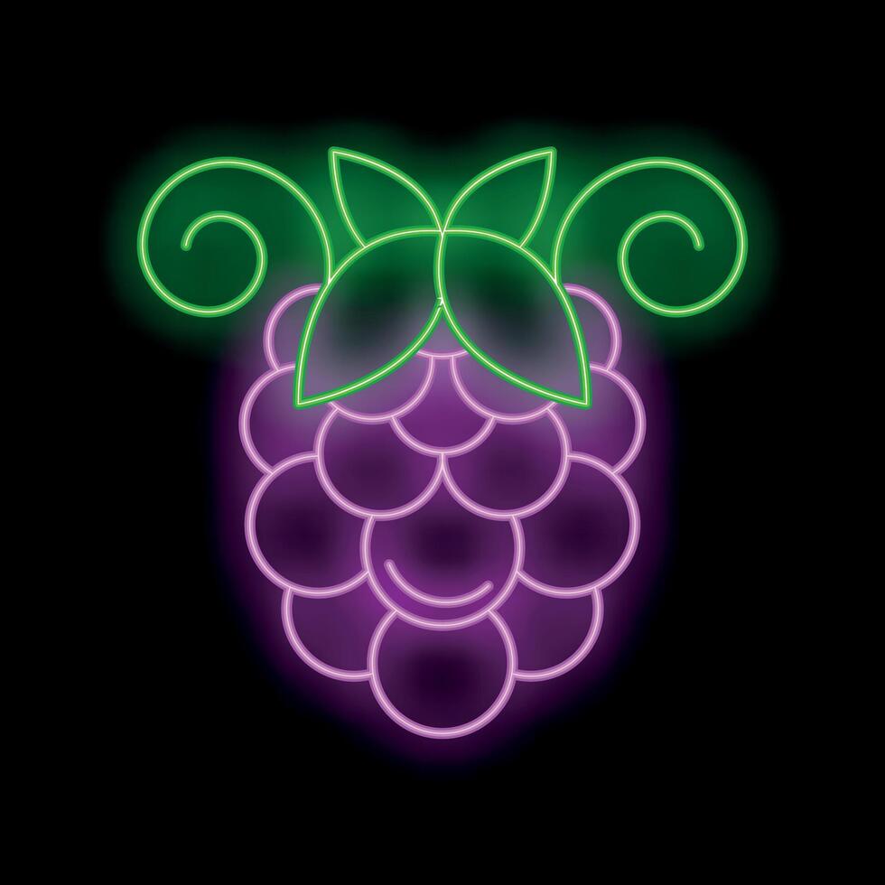 Neon sign representing a blackberry with green leaves on a black background vector
