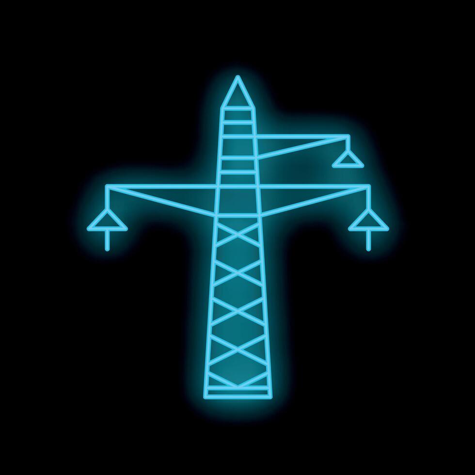 Neon blue electric power transmission lines pylon glowing on black background vector