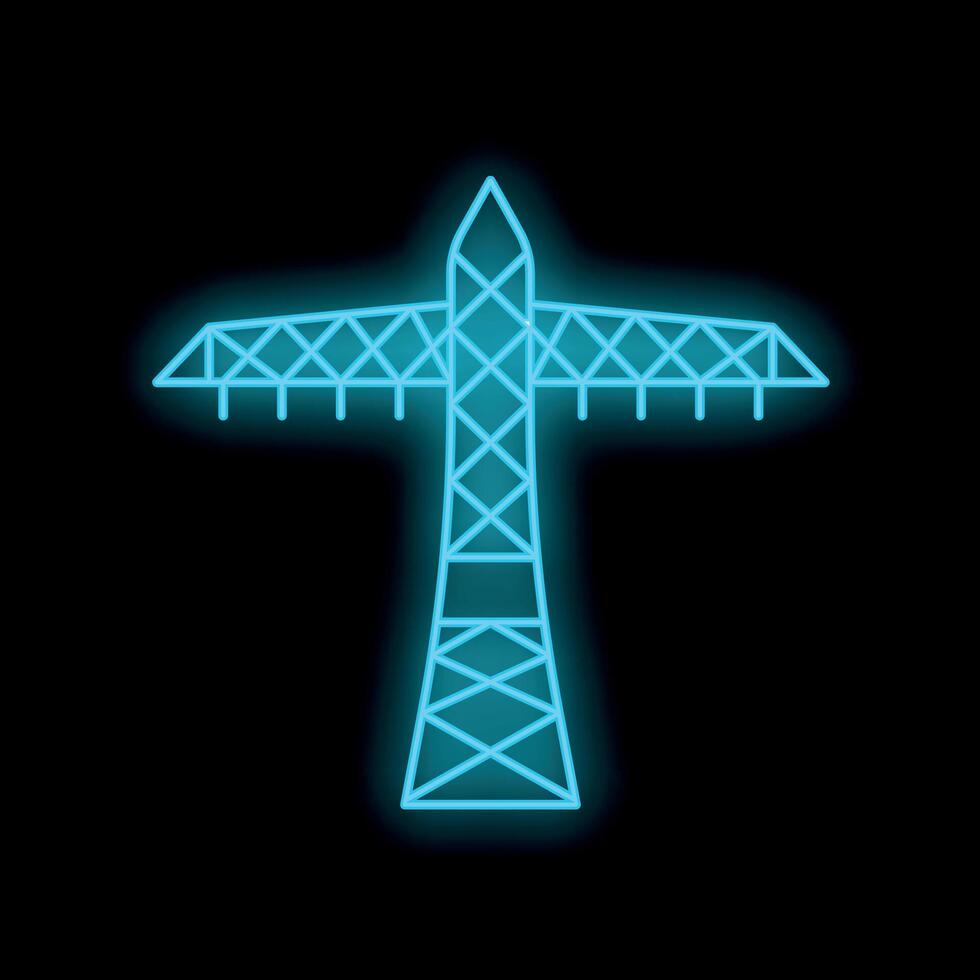 Blue neon icon of electric power line support structure on black brick wall vector