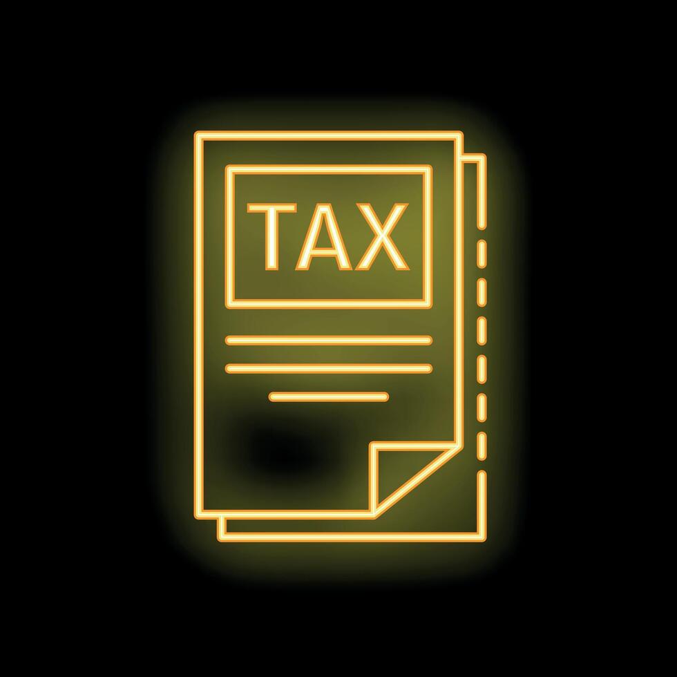 Neon icon of tax document glowing yellow on black background vector