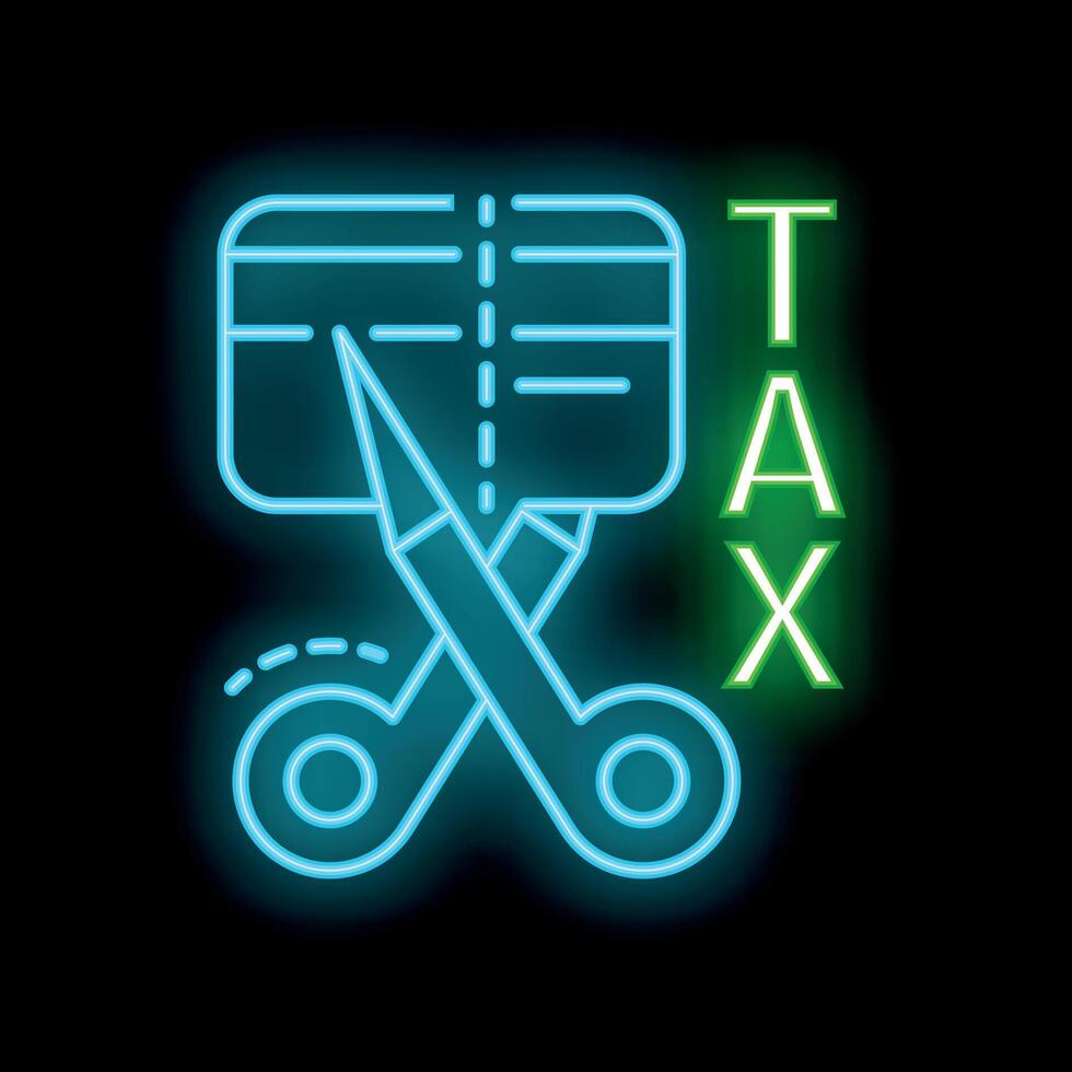 Scissors cutting credit card in half neon sign with tax wording vector