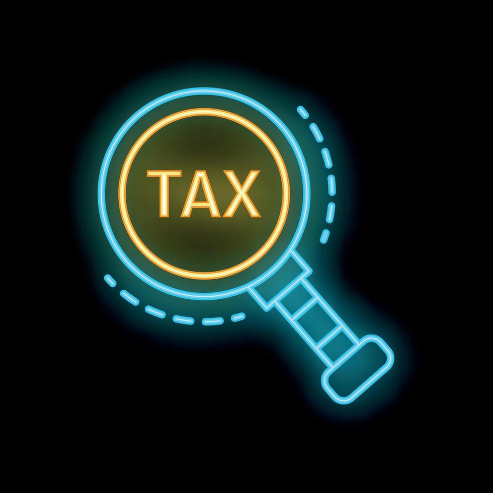 Neon magnifying glass searching for tax payment concept vector