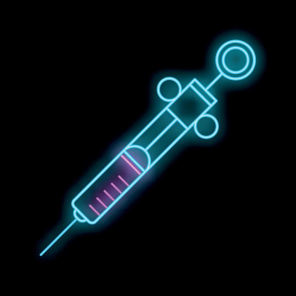 Glowing neon line syringe icon isolated on a black background vector illustration