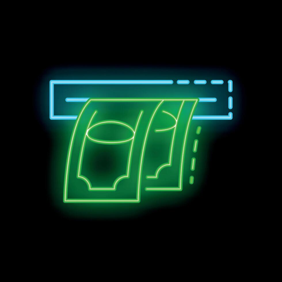 Glowing neon atm machine dispensing cash on a black background vector