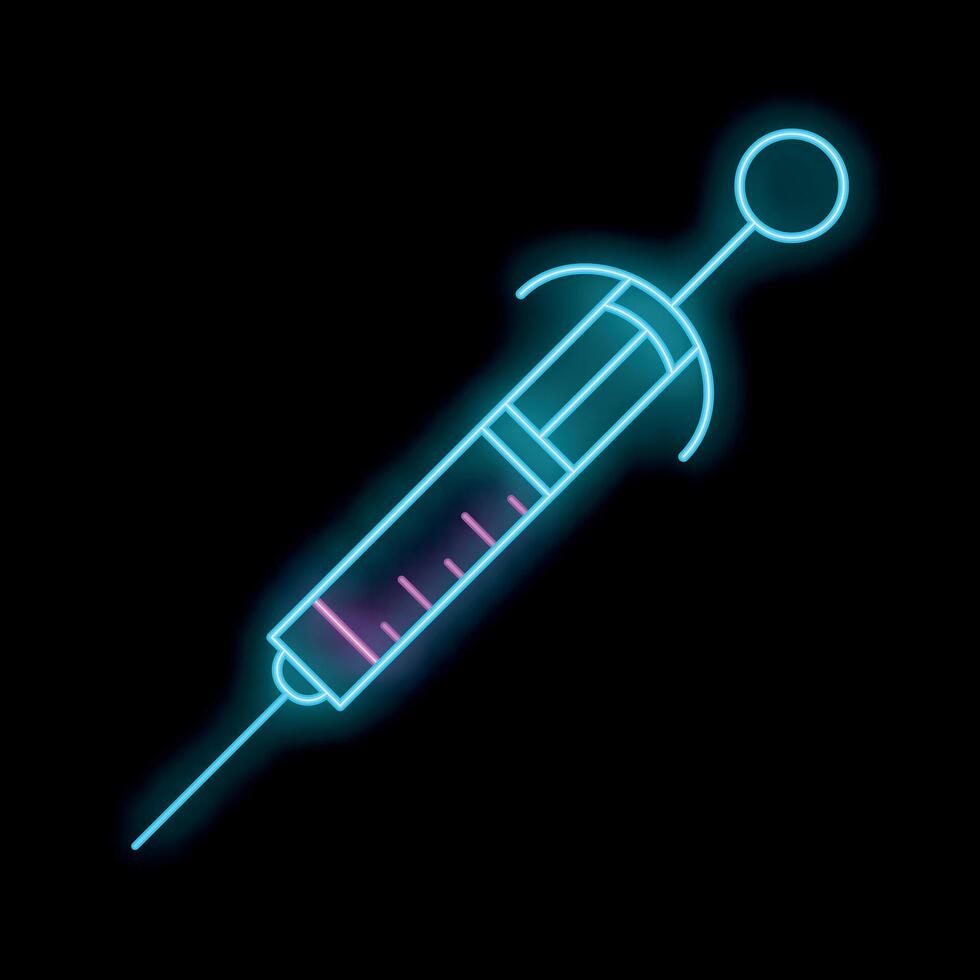 Glowing neon syringe icon on dark background vector