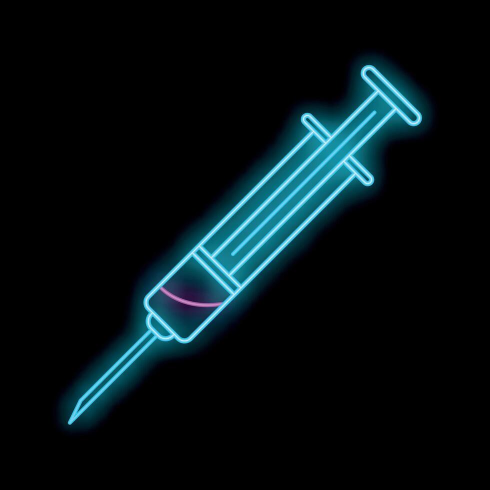 Glowing neon syringe on black background with copy space vector