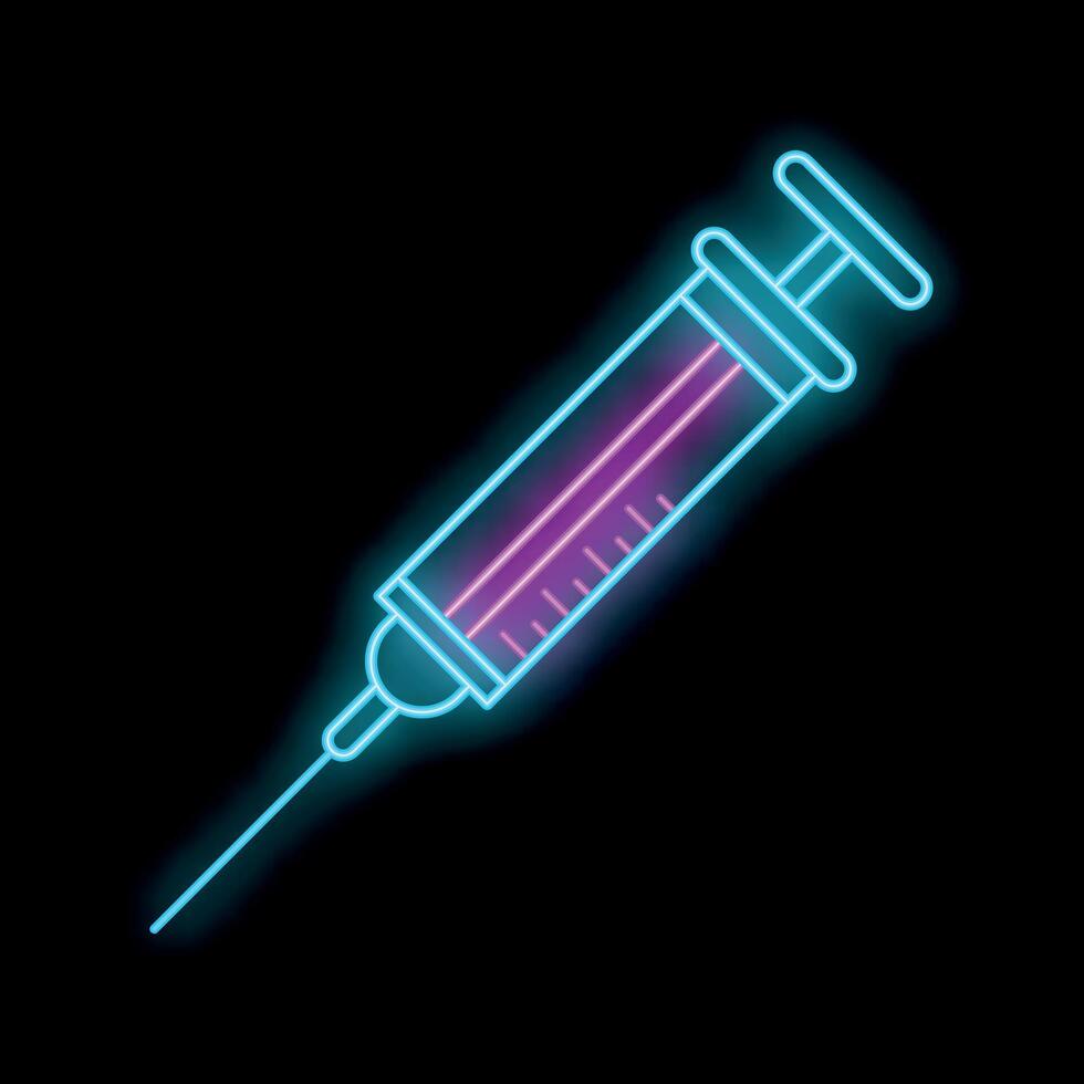 Neon syringe glowing on black background vector