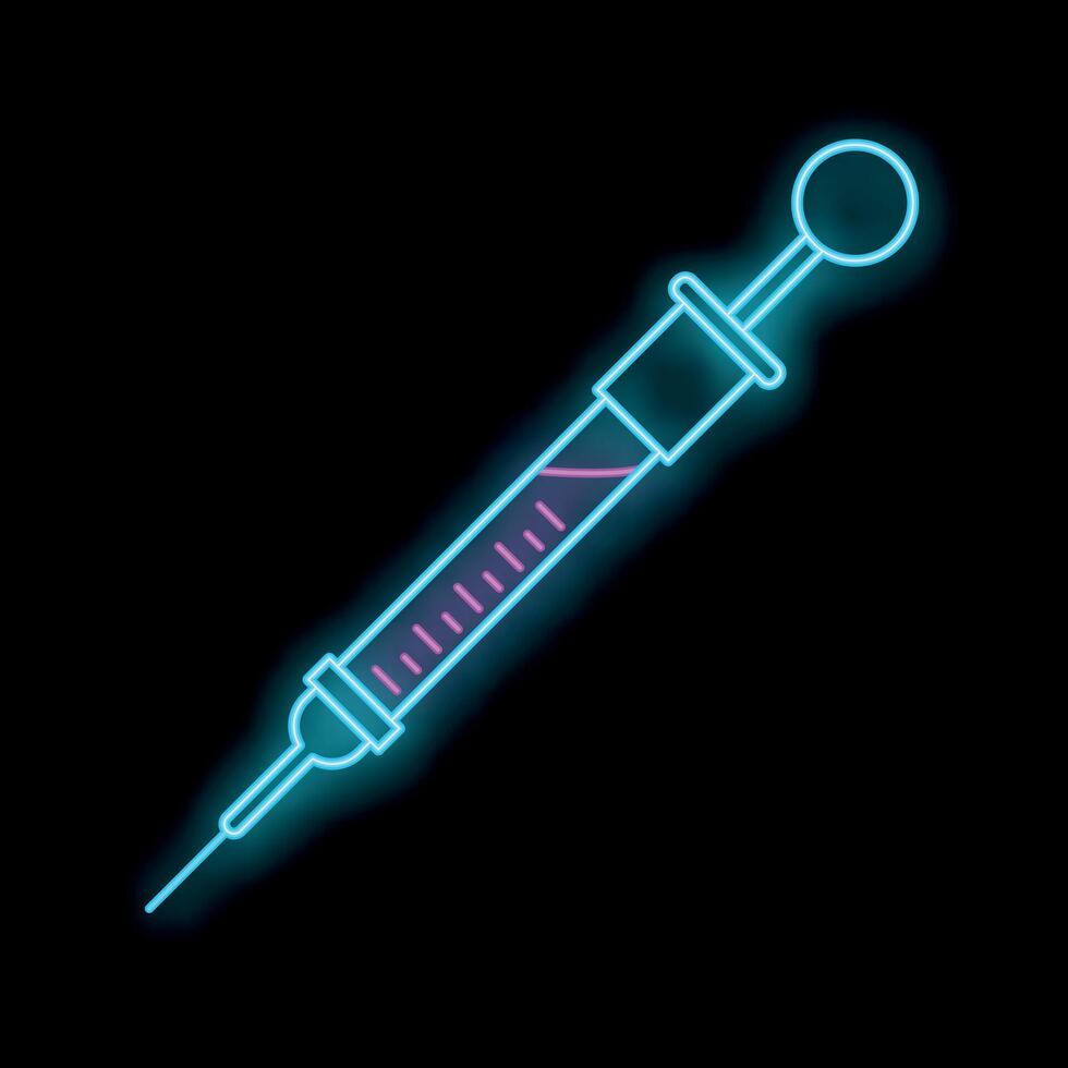 Neon syringe glowing on black background vector
