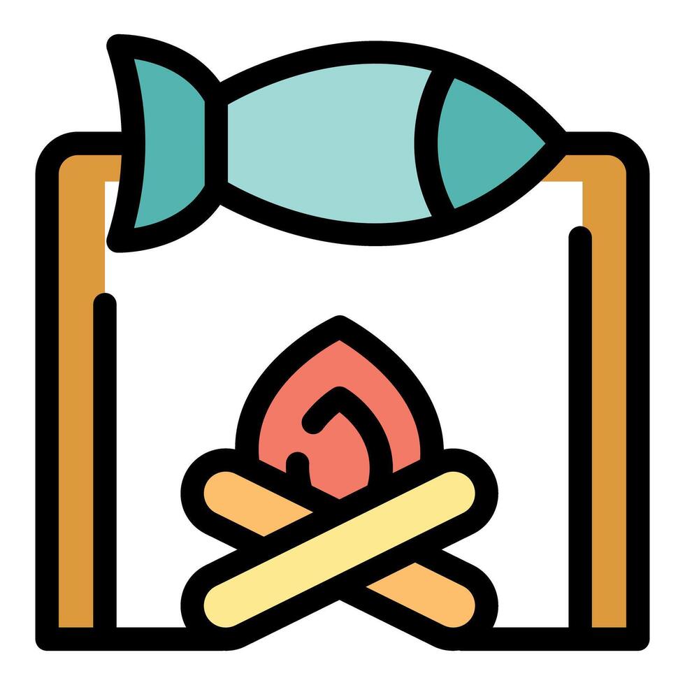Fish being smoked on campfire for dinner vector