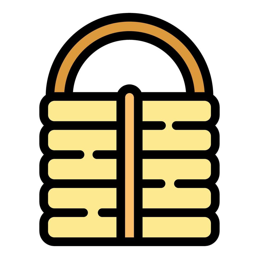 This is a color outline vector icon representing a wicker basket with a handle