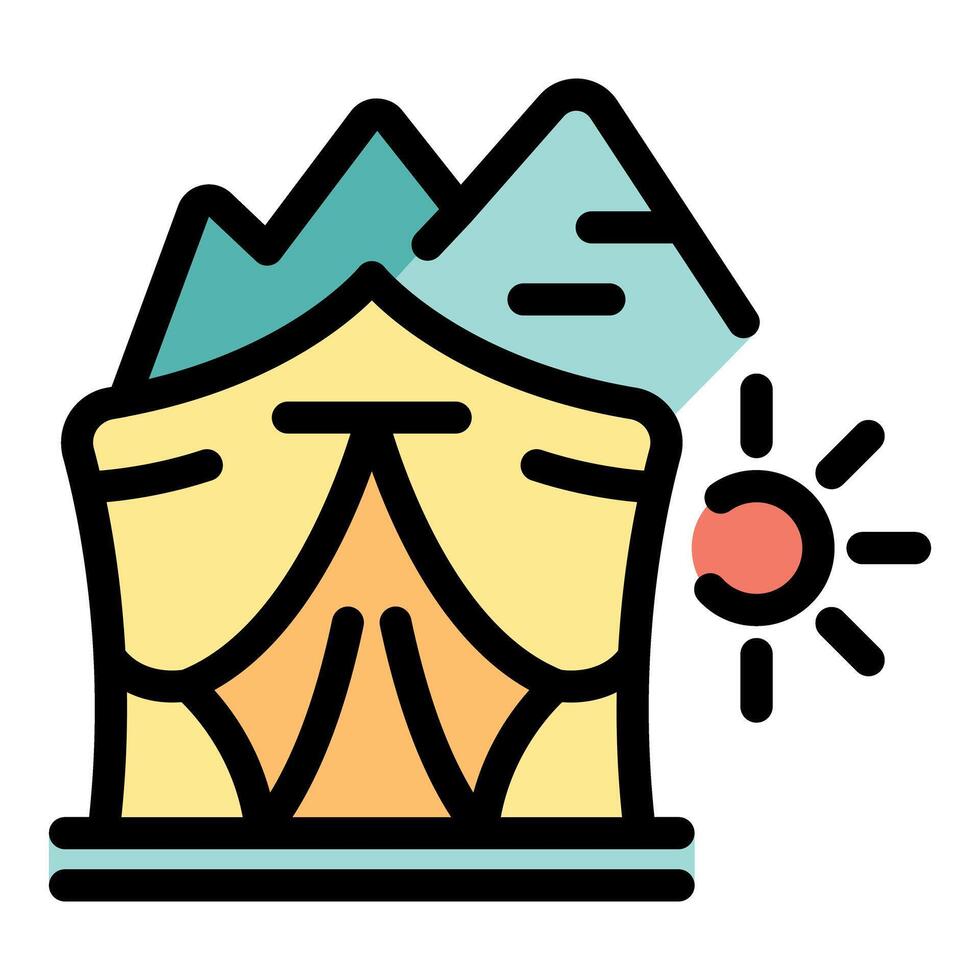 Camping tent standing strong under the summer sun with majestic mountain view vector
