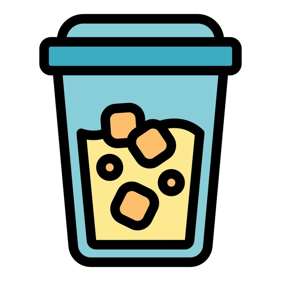 Plastic cup containing yellow drink with ice cubes icon vector
