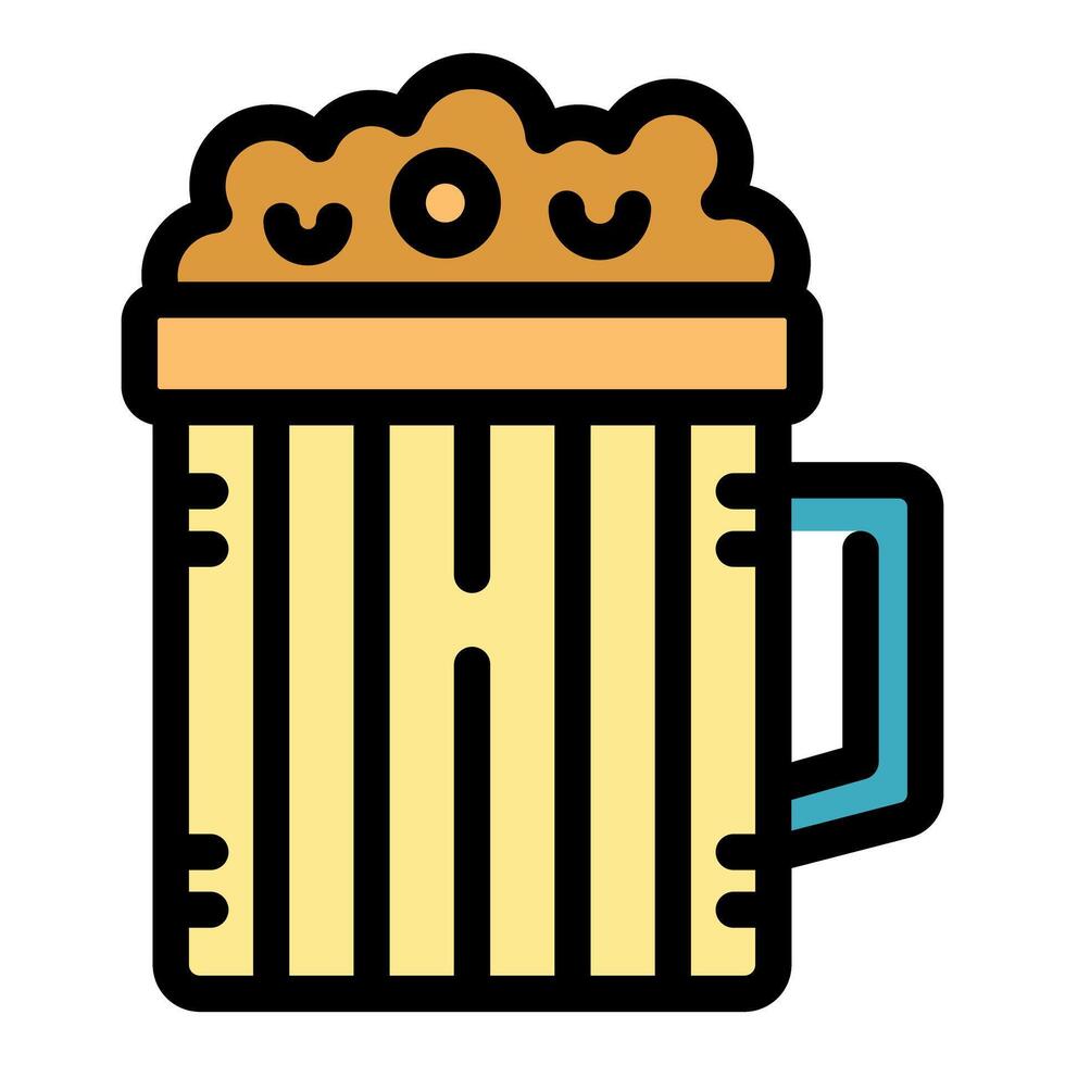 Wooden beer mug overflowing with frothy beer vector