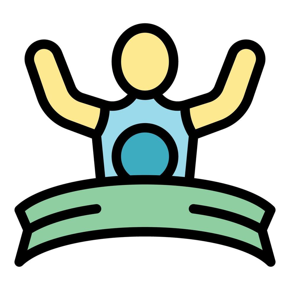 Athlete celebrating with banner and raising arms in victory vector