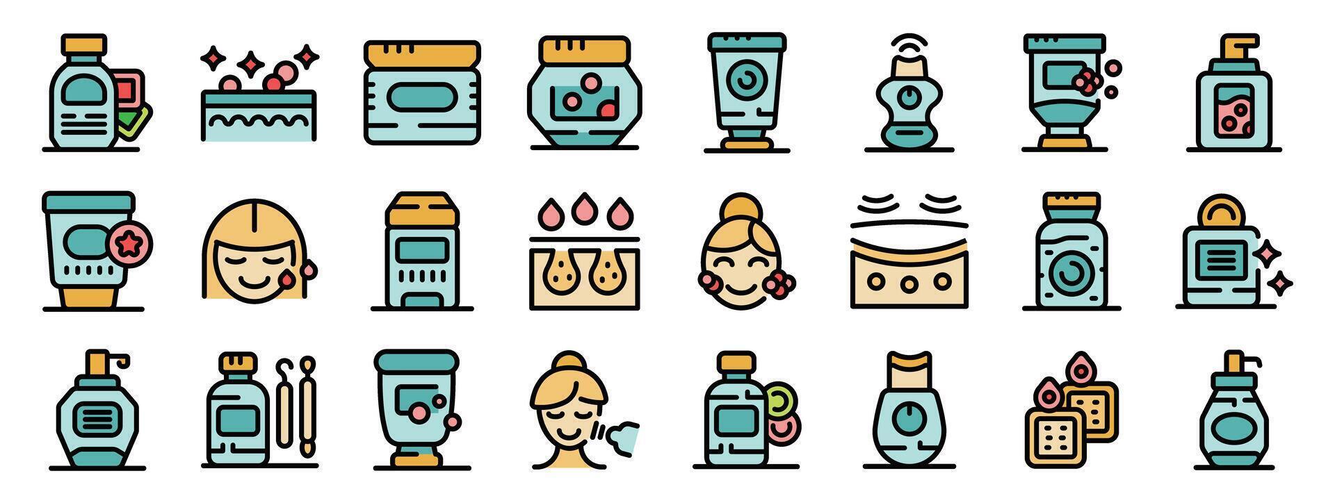 Woman applying skincare products for daily routine icon set vector