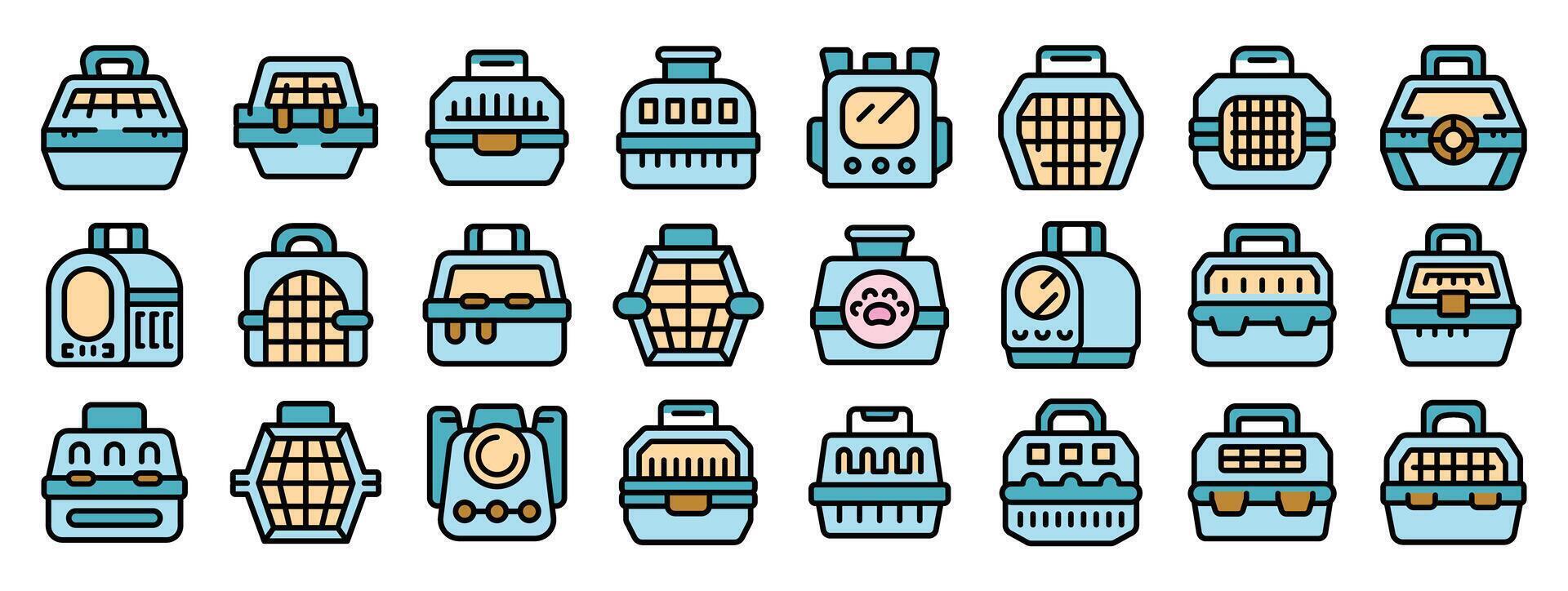 Set of pet carrier icons showing different types and styles of carriers for cats and dogs vector