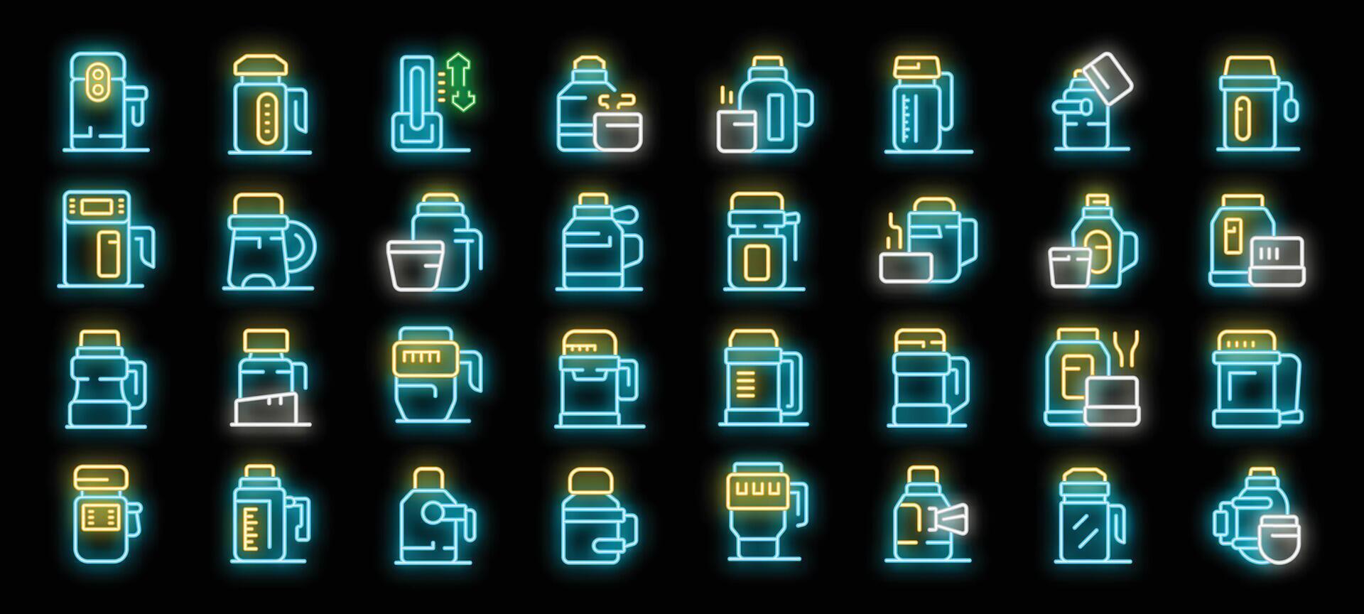 Large set of bright neon thermos icons featuring different types of vacuum flasks for hot and cold drinks vector