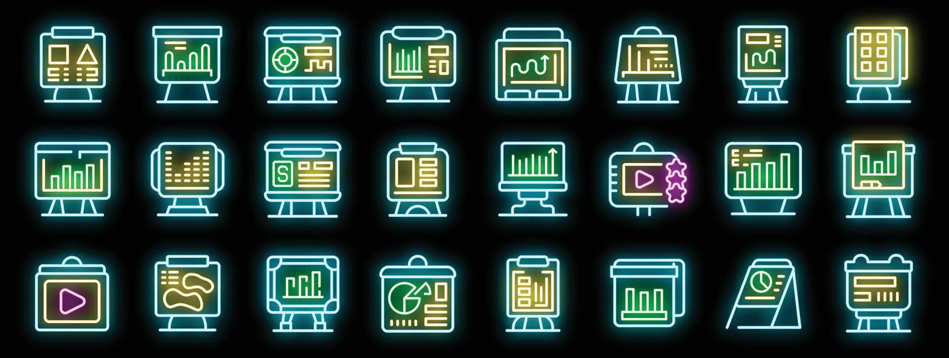 Businessman giving a presentation on a flip chart with graphs and charts, neon sign set vector