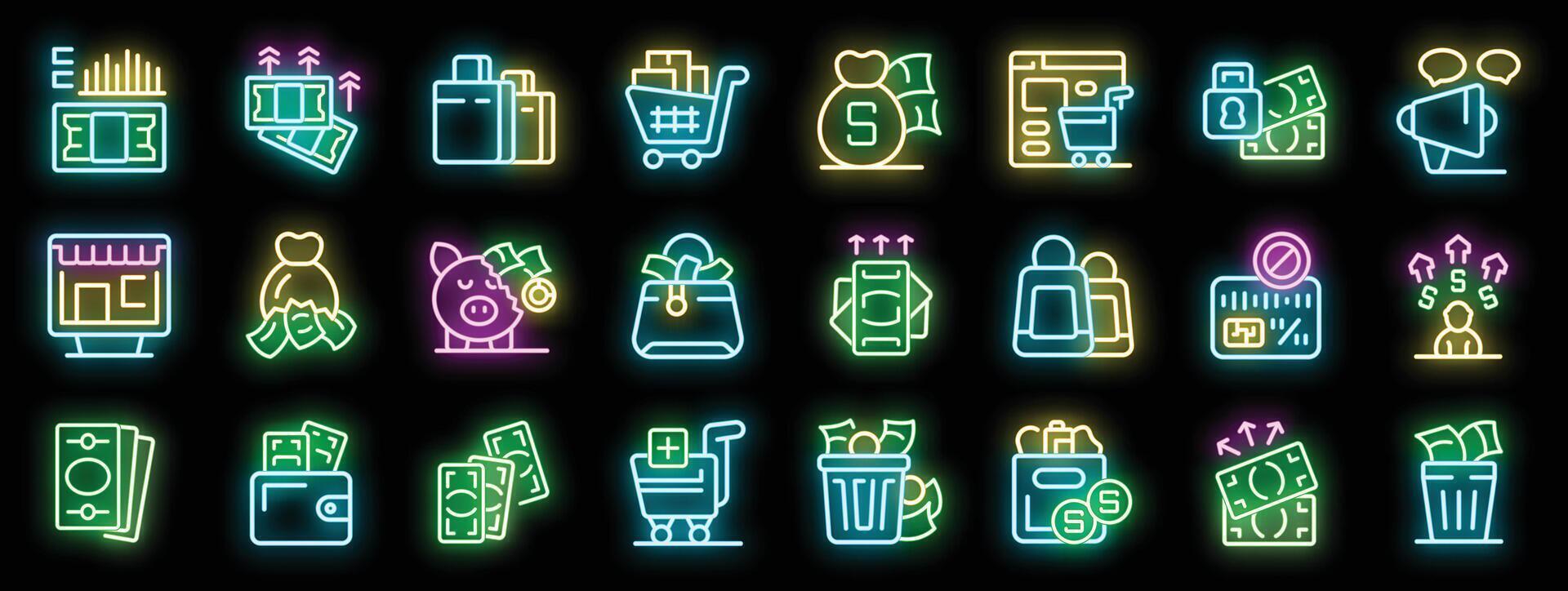 Neon icons representing spending and saving money including ecommerce and finance vector